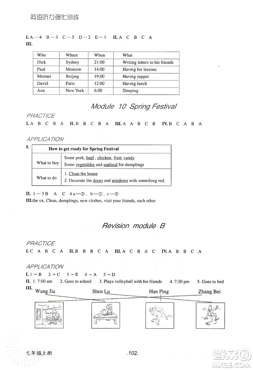 浙江教育出版社2019英語聽力強化訓(xùn)練七年級上冊外研版修訂版答案