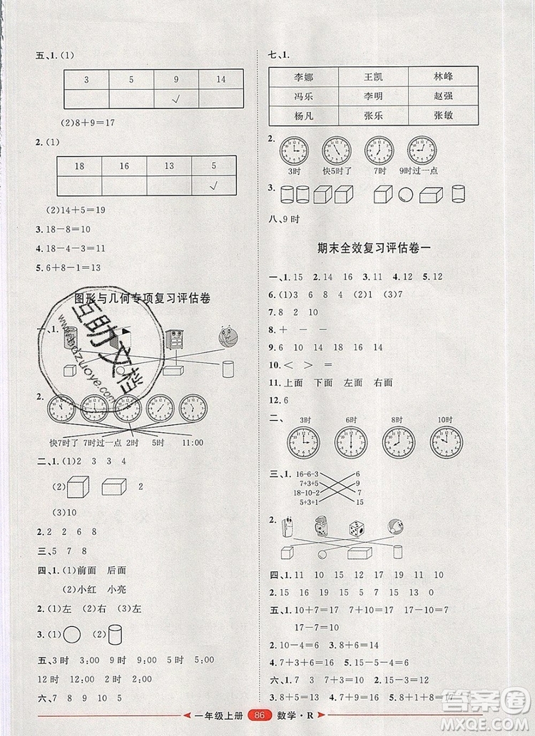 2019秋季陽光計劃第二步一年級數(shù)學(xué)上冊人教版答案