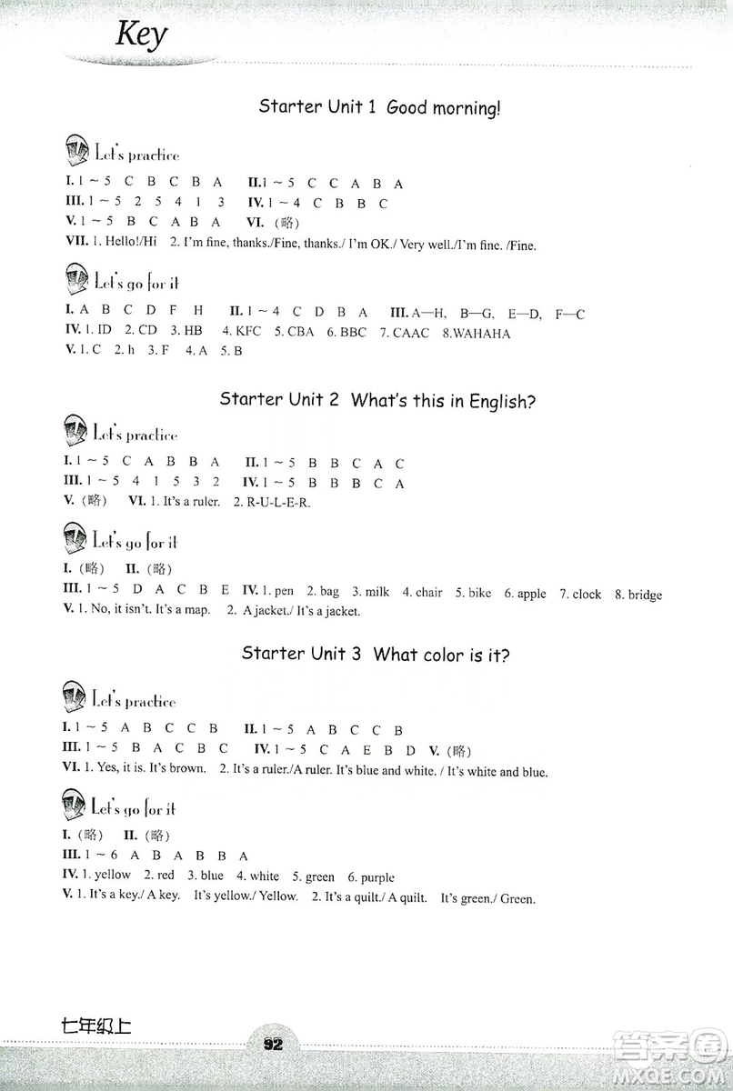 浙江教育出版社2019英語聽說強(qiáng)化訓(xùn)練七年級(jí)上冊(cè)人教版答案