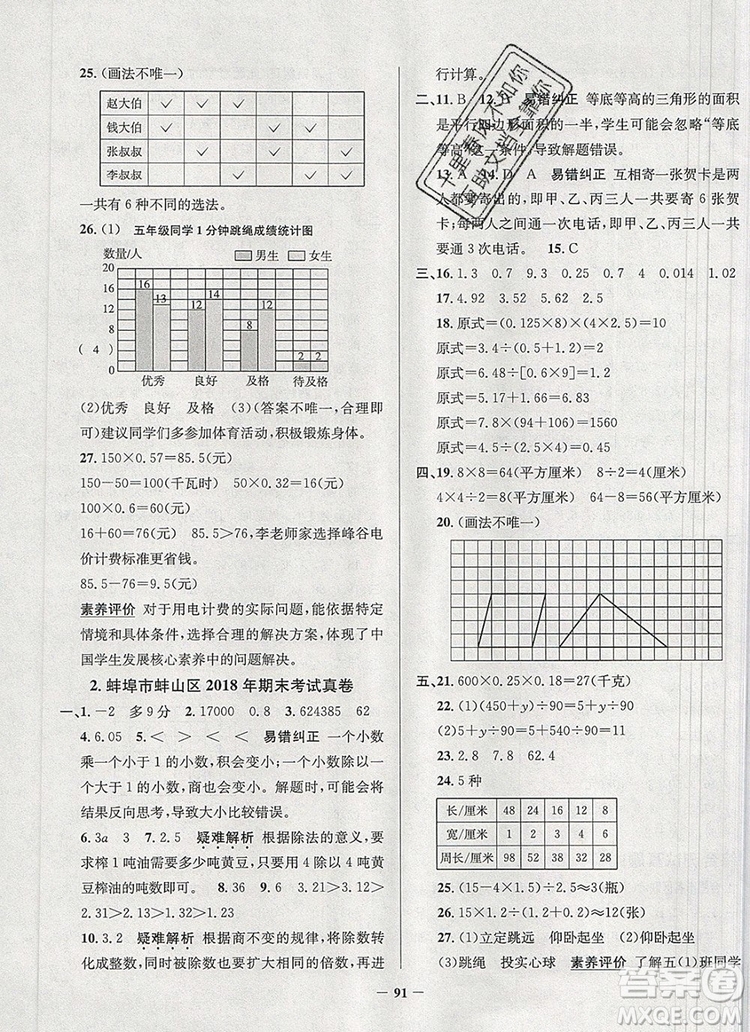 2019年安徽省真題圈小學試卷真卷三步練五年級數(shù)學上冊答案