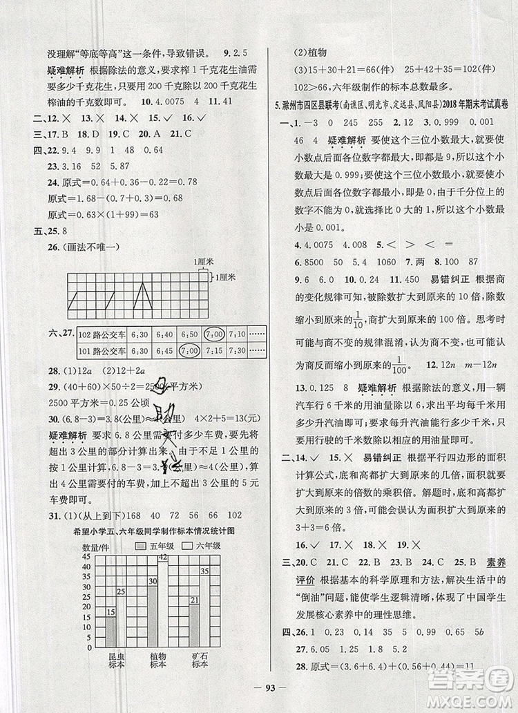 2019年安徽省真題圈小學試卷真卷三步練五年級數(shù)學上冊答案