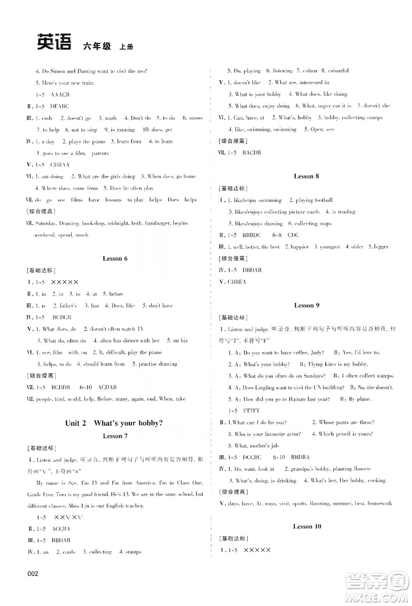 天津教育出版社2019學(xué)習(xí)質(zhì)量監(jiān)測六年級英語上冊人教版答案
