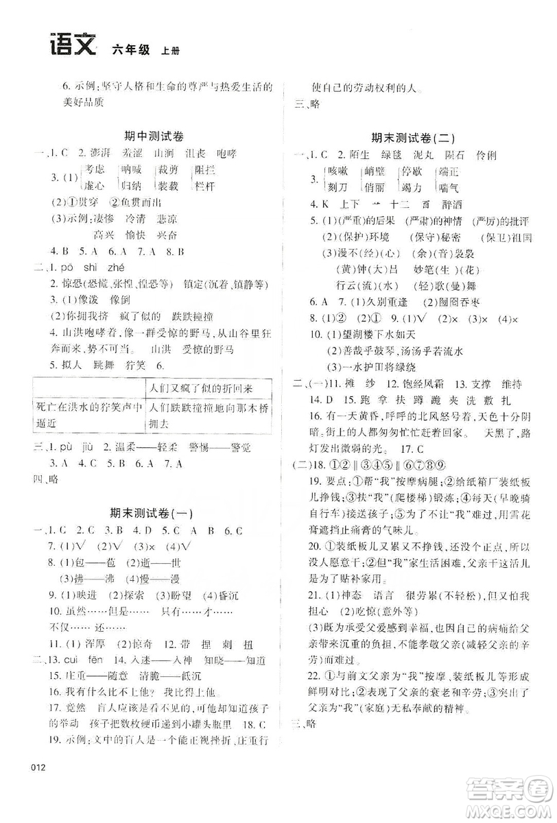 天津教育出版社2019學(xué)習(xí)質(zhì)量監(jiān)測(cè)六年級(jí)語(yǔ)文上冊(cè)人教版答案