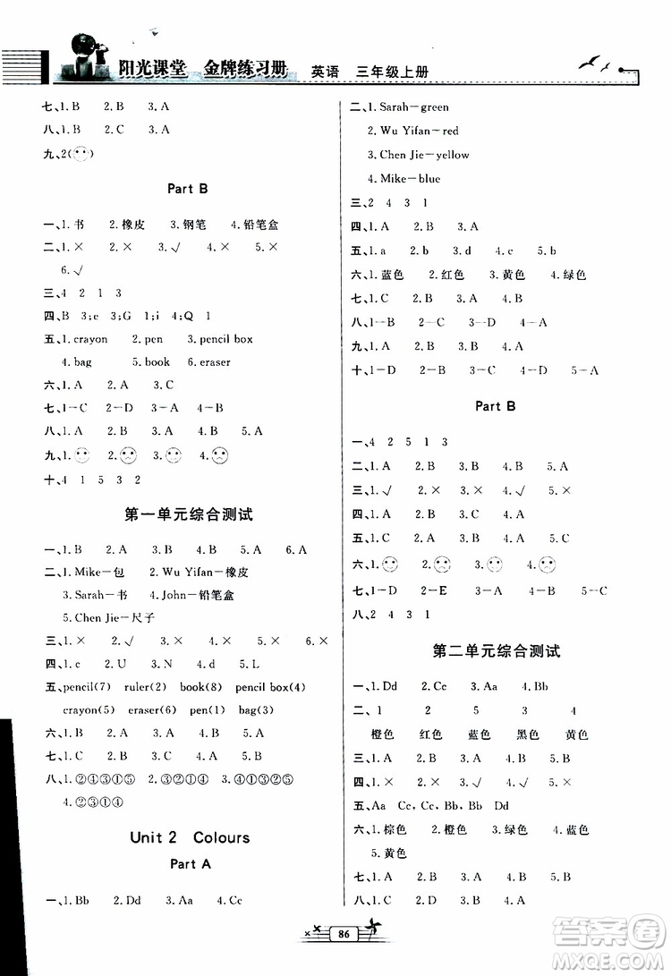 人民教育出版社2019年陽(yáng)光課堂金牌練習(xí)冊(cè)英語(yǔ)三年級(jí)上冊(cè)人教版參考答案