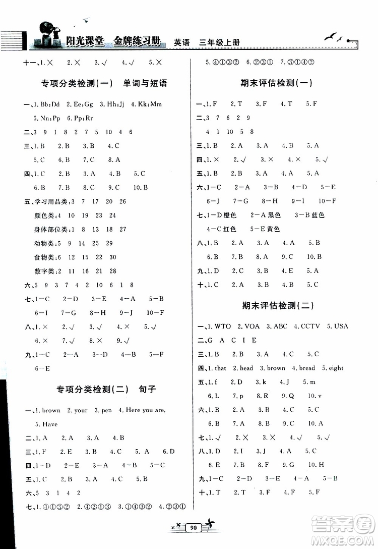 人民教育出版社2019年陽(yáng)光課堂金牌練習(xí)冊(cè)英語(yǔ)三年級(jí)上冊(cè)人教版參考答案