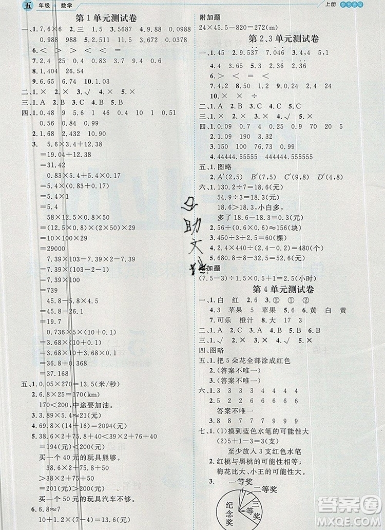 延邊人民出版社2019年百分學(xué)生作業(yè)本題練王五年級(jí)數(shù)學(xué)上冊人教版答案