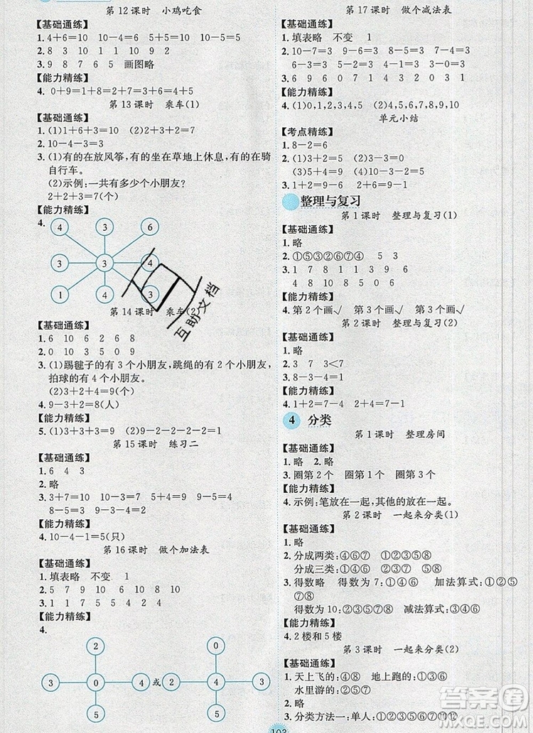 延邊人民出版社2019年百分學生作業(yè)本題練王一年級數學上冊北師大版答案