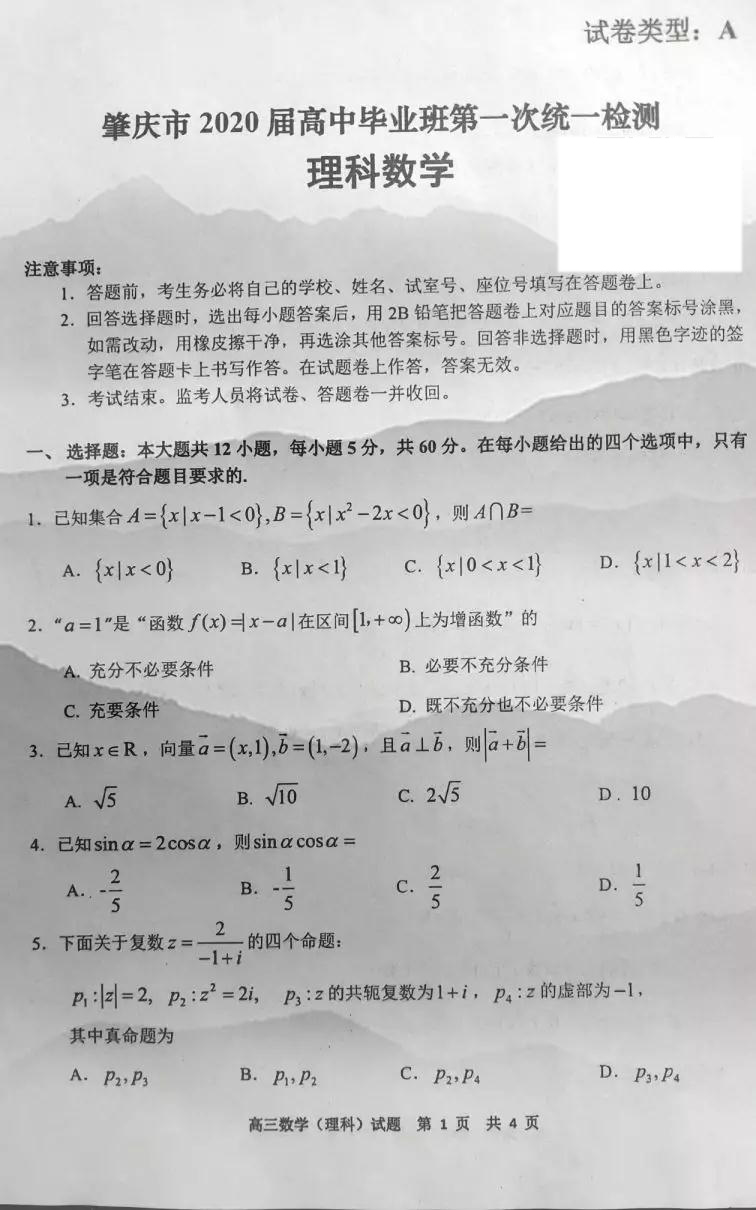 肇慶市2020屆高中畢業(yè)班第一次統(tǒng)一檢測(cè)理科數(shù)學(xué)試題及參考答案