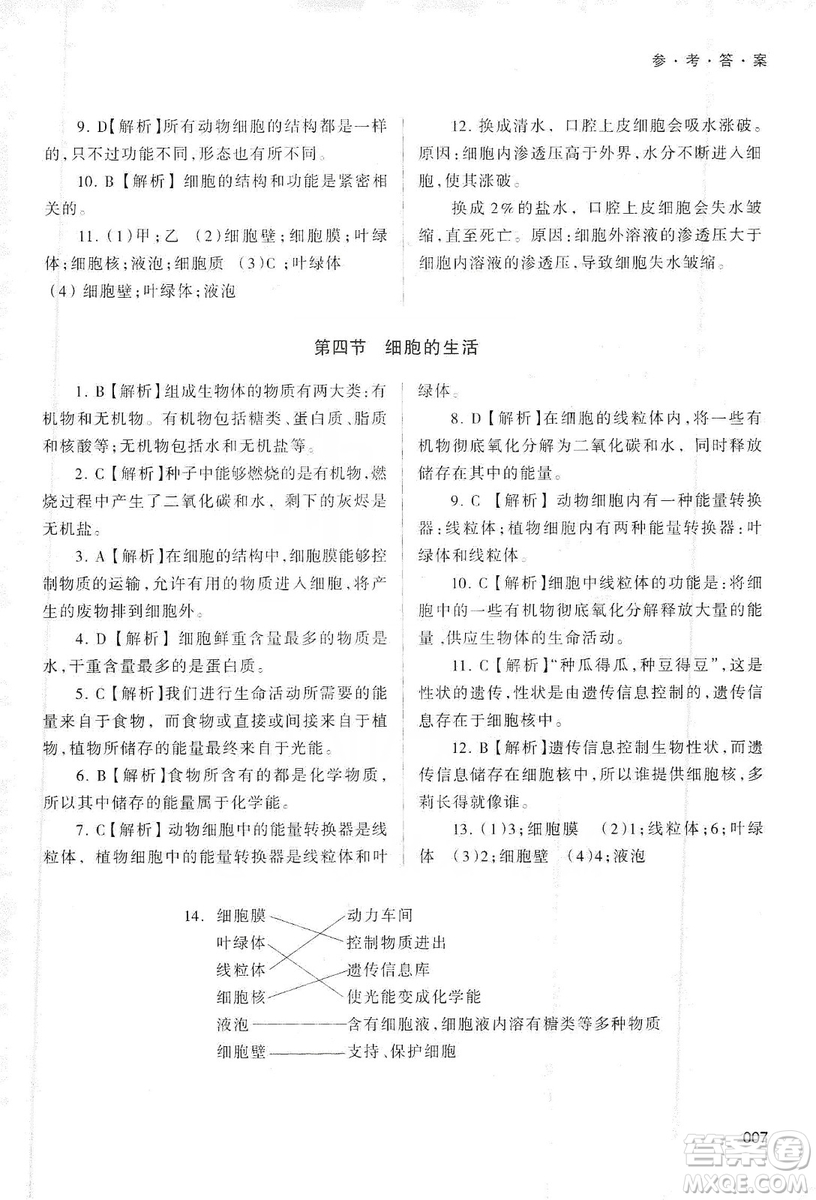 天津教育出版社2019學習質(zhì)量監(jiān)測生物學七年級上冊人教版答案
