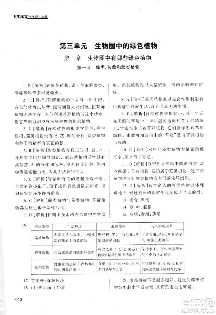 天津教育出版社2019學習質(zhì)量監(jiān)測生物學七年級上冊人教版答案