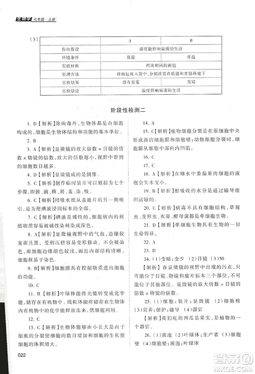 天津教育出版社2019學習質(zhì)量監(jiān)測生物學七年級上冊人教版答案