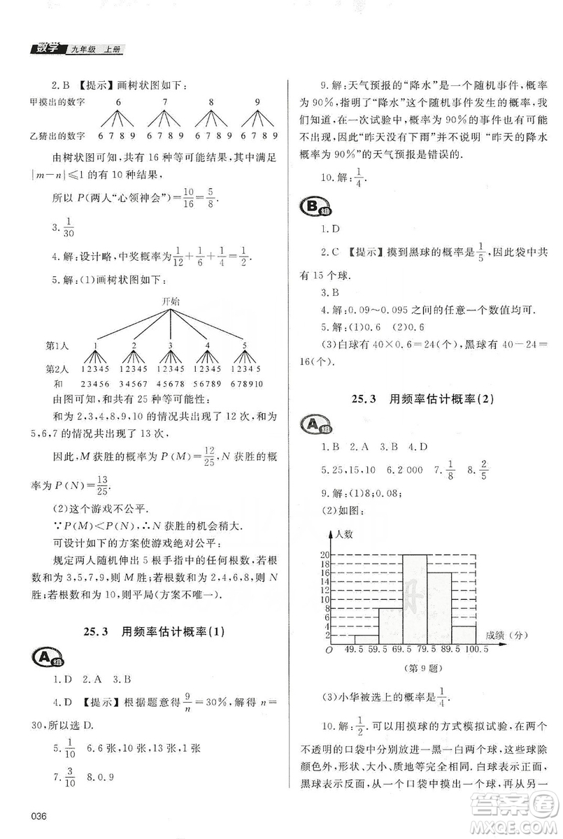天津教育出版社2019學(xué)習(xí)質(zhì)量監(jiān)測九年級數(shù)學(xué)上冊人教版答案