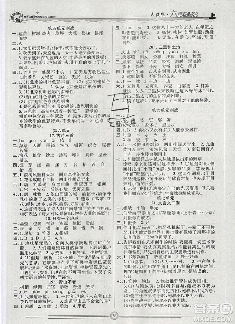陽(yáng)光出版社2019年一通百通課時(shí)小練六年級(jí)語(yǔ)文上冊(cè)人教版答案