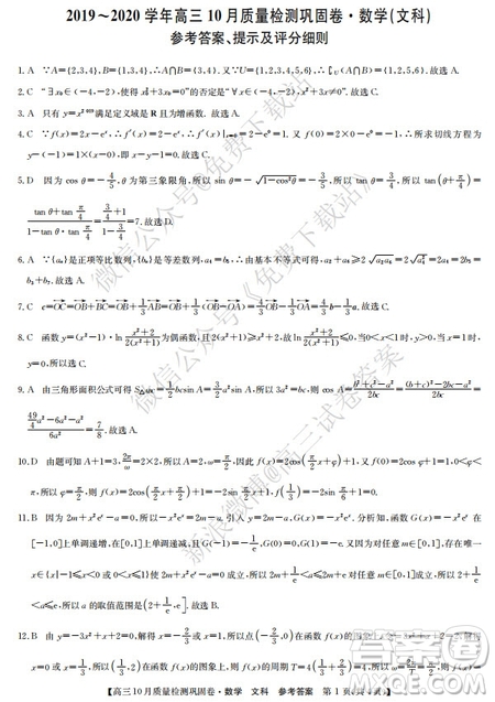 九師聯(lián)盟2019-2020學年高三10月質量檢測鞏固卷文科數(shù)學試題及答案