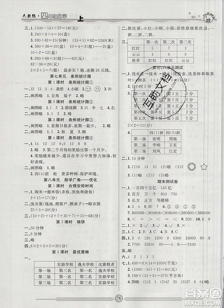 陽光出版社2019年一通百通課時(shí)小練四年級(jí)數(shù)學(xué)上冊人教版答案