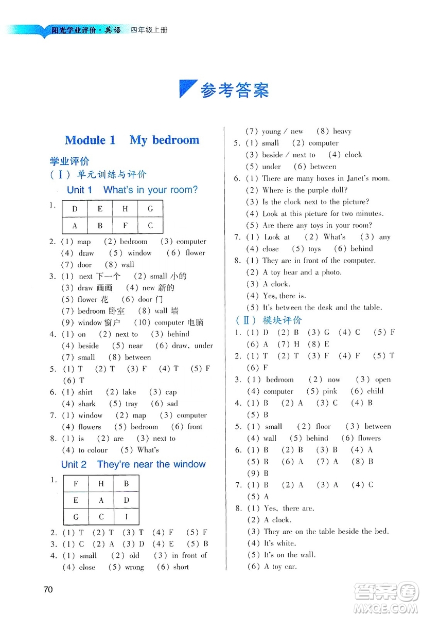 廣州出版社2019陽光學(xué)業(yè)評價四年級英語上冊教科版答案