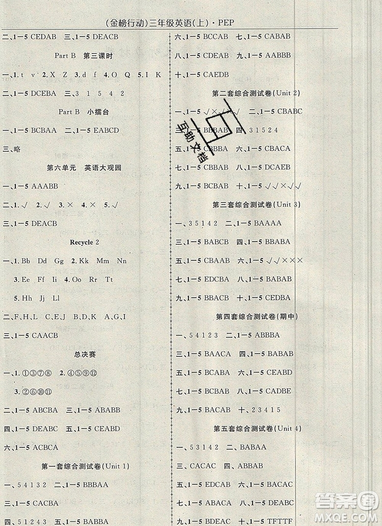 2019年金榜行動高效課堂助教型教輔三年級英語上冊人教版參考答案