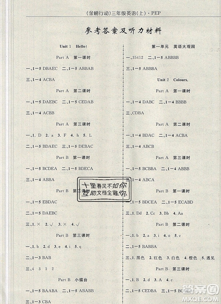 2019年金榜行動高效課堂助教型教輔三年級英語上冊人教版參考答案