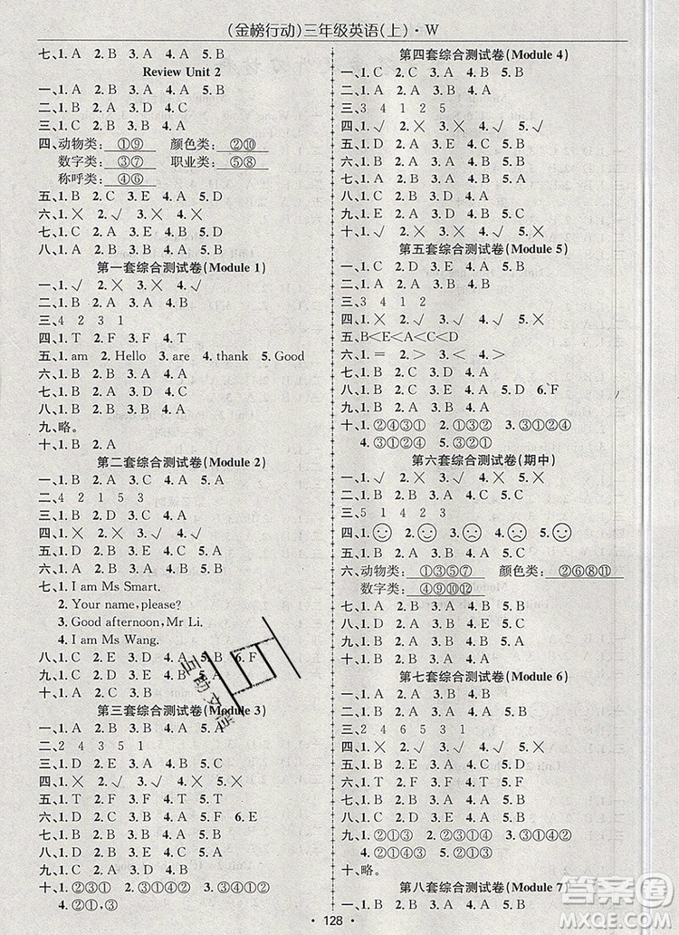 2019年金榜行動高效課堂助教型教輔三年級英語上冊外研版參考答案