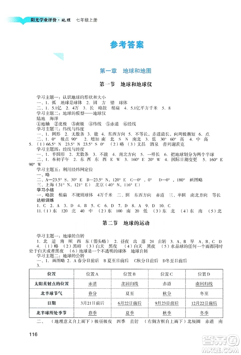廣州出版社2019陽光學(xué)業(yè)評(píng)價(jià)七年級(jí)地理上冊(cè)人教版答案