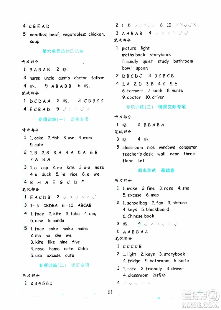 2019年金版小學(xué)英語(yǔ)試卷金鑰匙四年級(jí)上冊(cè)人教版參考答案
