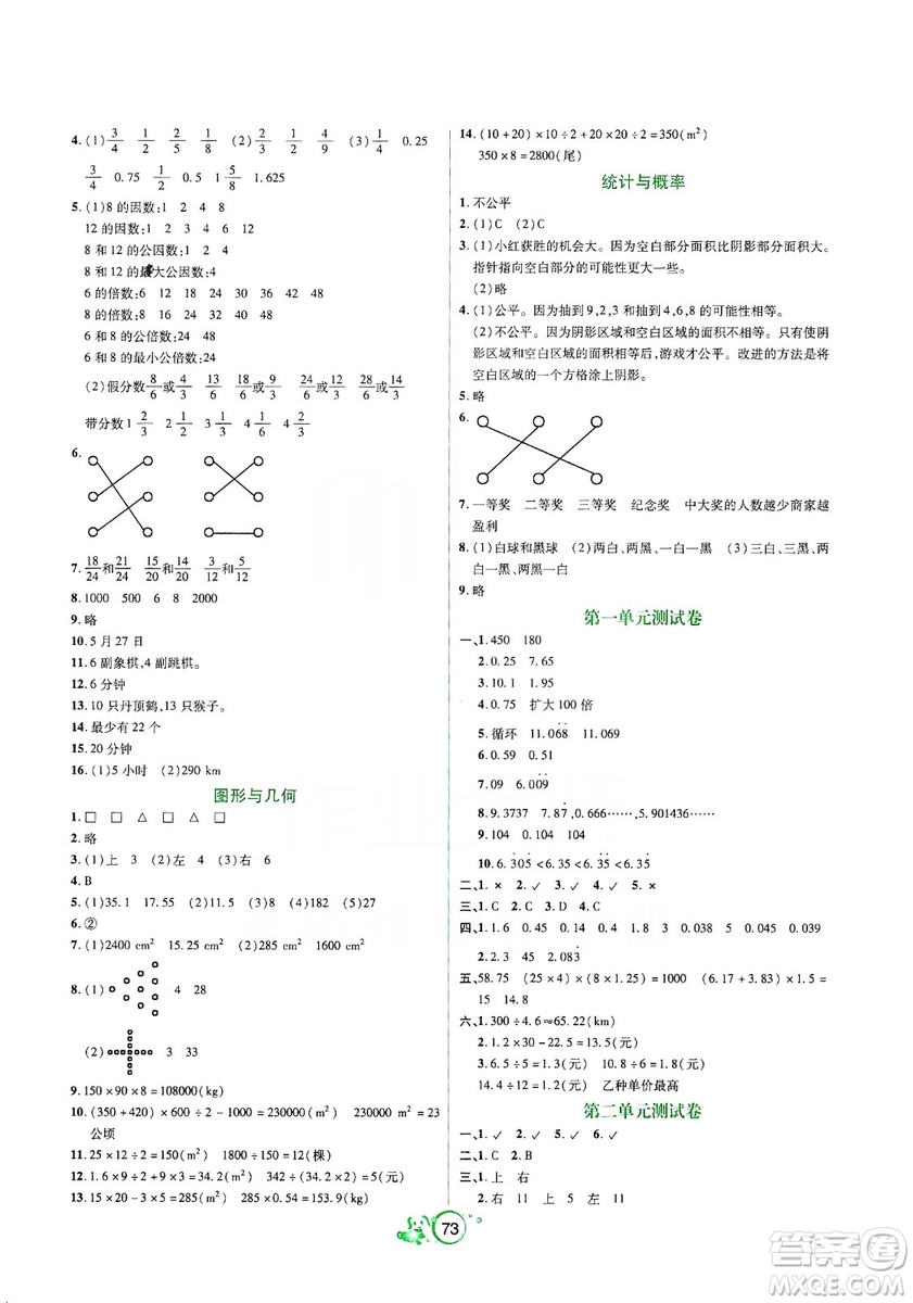 遼寧教育出版社2019好課堂堂練數(shù)學(xué)五年級上冊北師大版答案