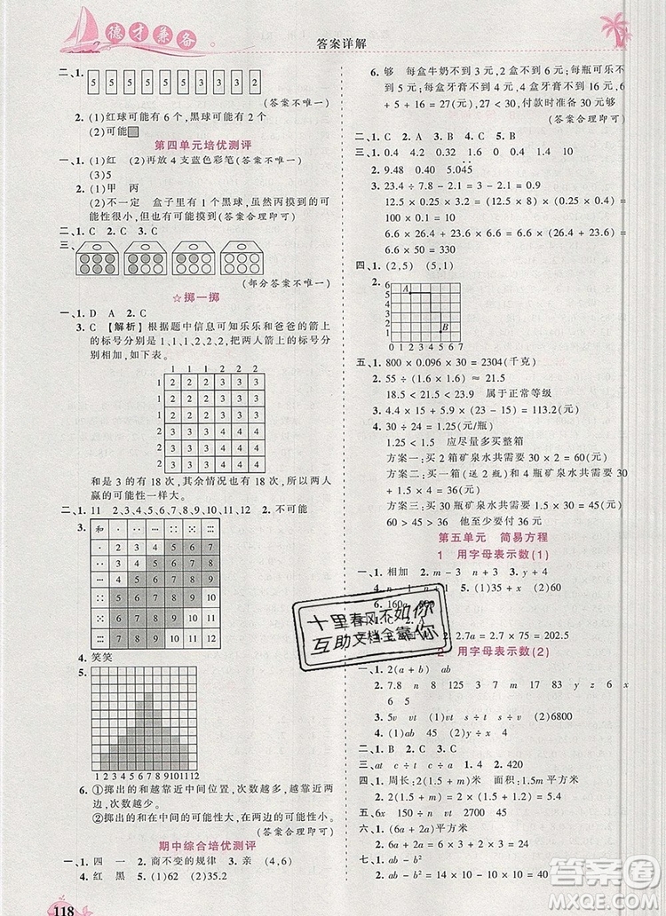 2019年秋新版王朝霞德才兼?zhèn)渥鳂I(yè)創(chuàng)新設計五年級數(shù)學上冊人教版答案