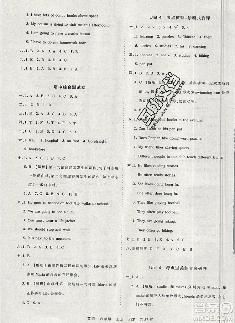 江西人民出版社2019年王朝霞考點(diǎn)梳理時(shí)習(xí)卷六年級英語上冊人教版答案