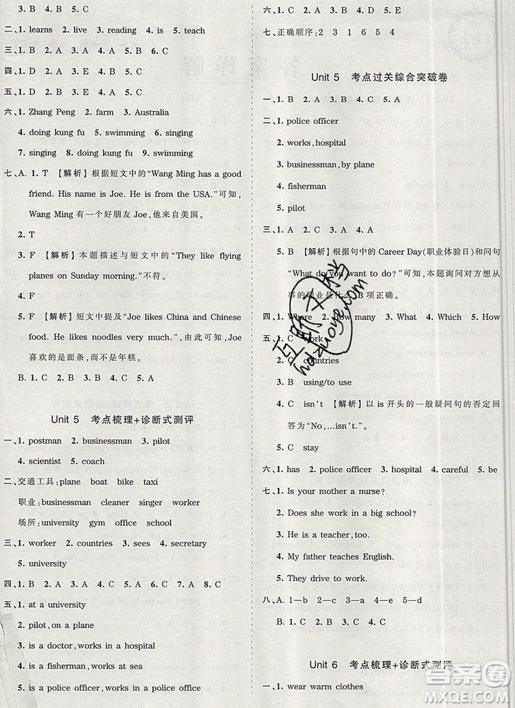 江西人民出版社2019年王朝霞考點(diǎn)梳理時(shí)習(xí)卷六年級英語上冊人教版答案