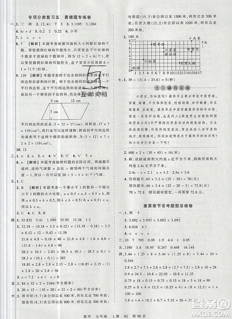 江西人民出版社2019年王朝霞考點(diǎn)梳理時(shí)習(xí)卷五年級數(shù)學(xué)上冊人教版答案