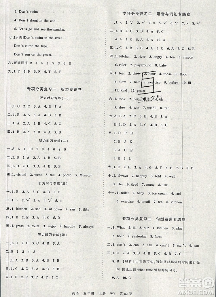 江西人民出版社2019年王朝霞考點(diǎn)梳理時習(xí)卷五年級英語上冊外研版答案