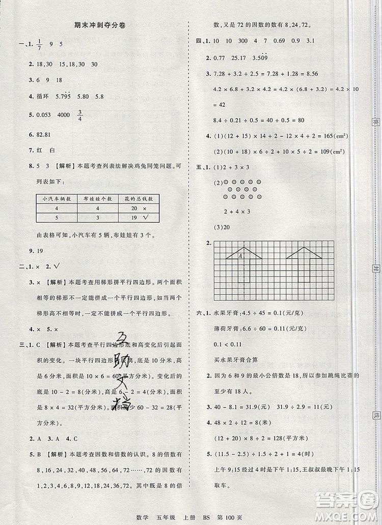 江西人民出版社2019年王朝霞考點梳理時習(xí)卷五年級數(shù)學(xué)上冊北師版答案