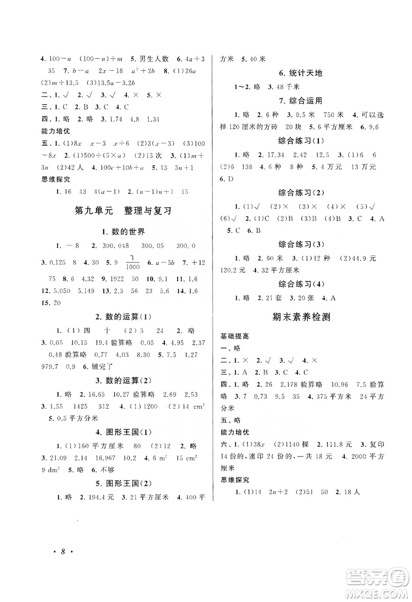 江蘇人民出版社2019小學(xué)版走進(jìn)重點(diǎn)初中拓展與培優(yōu)數(shù)學(xué)五年級(jí)上冊(cè)江蘇版適用答案