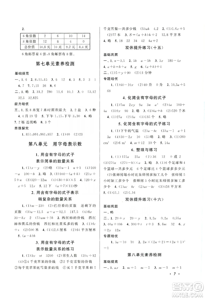 江蘇人民出版社2019小學(xué)版走進(jìn)重點(diǎn)初中拓展與培優(yōu)數(shù)學(xué)五年級(jí)上冊(cè)江蘇版適用答案