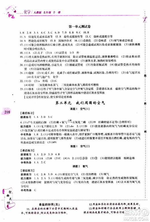 2019年新課程新練習(xí)化學(xué)九年級全一冊人教版參考答案