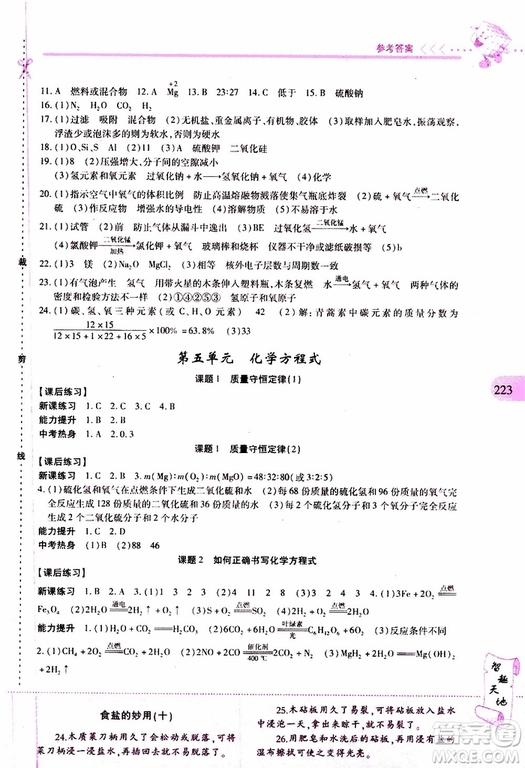 2019年新課程新練習(xí)化學(xué)九年級全一冊人教版參考答案