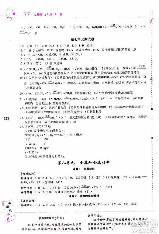 2019年新課程新練習(xí)化學(xué)九年級全一冊人教版參考答案