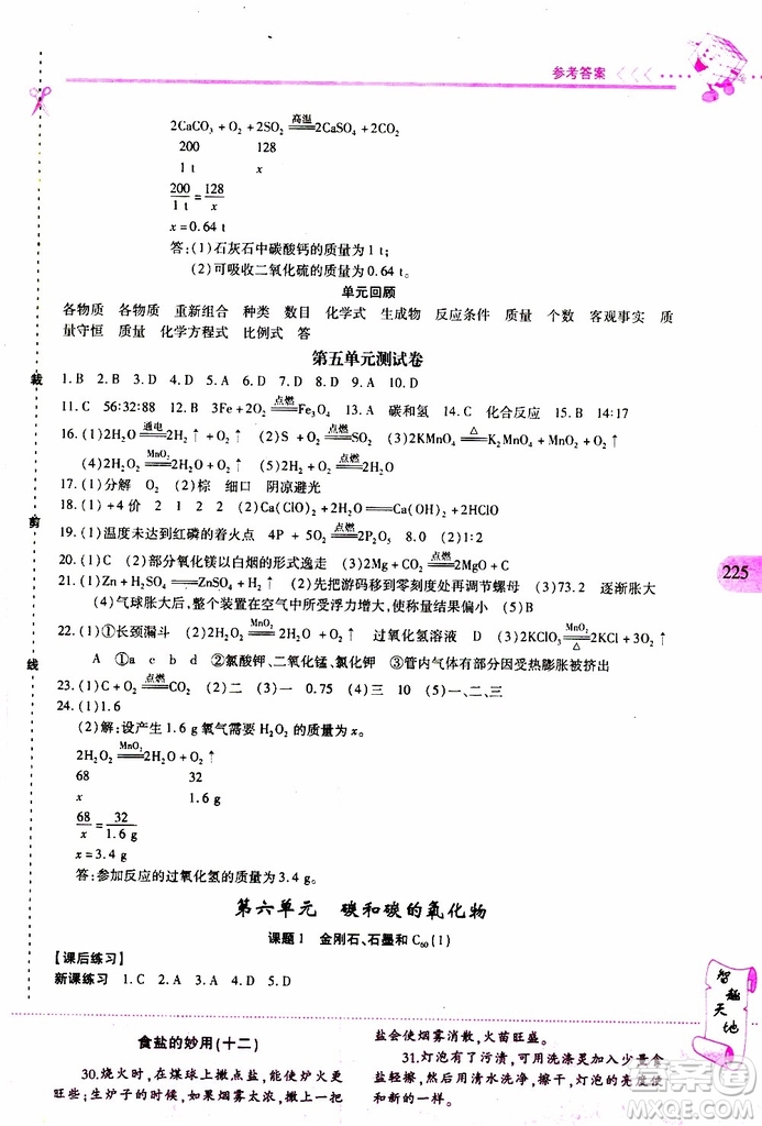 2019年新課程新練習(xí)化學(xué)九年級全一冊人教版參考答案