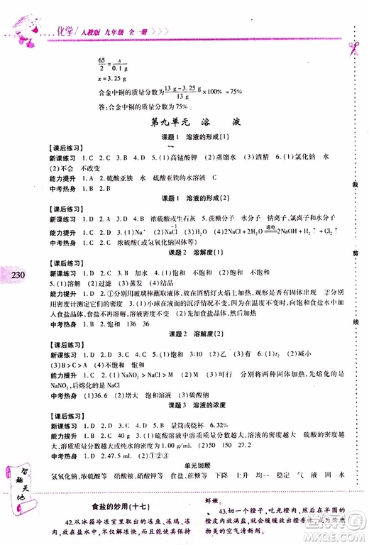 2019年新課程新練習(xí)化學(xué)九年級全一冊人教版參考答案