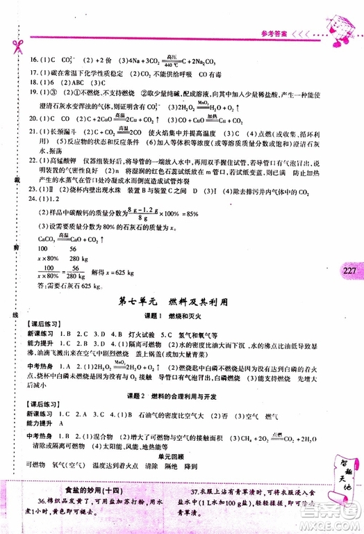 2019年新課程新練習(xí)化學(xué)九年級全一冊人教版參考答案