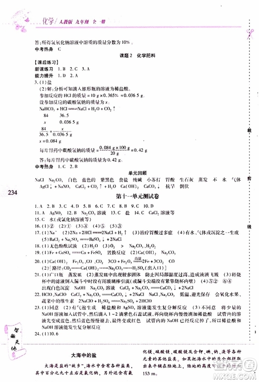 2019年新課程新練習(xí)化學(xué)九年級全一冊人教版參考答案