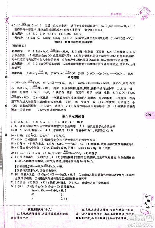 2019年新課程新練習(xí)化學(xué)九年級全一冊人教版參考答案