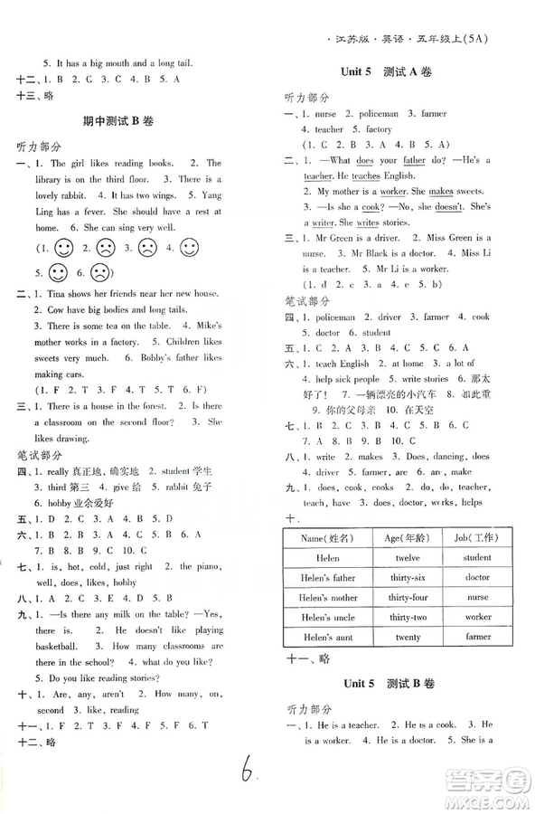 東南大學出版社2019江蘇密卷五年級英語上冊新課標江蘇版答案