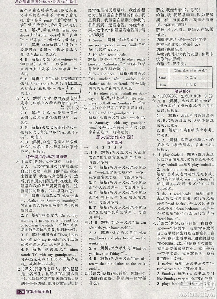 2019年考點集訓(xùn)與滿分備考五年級英語上冊人教版答案