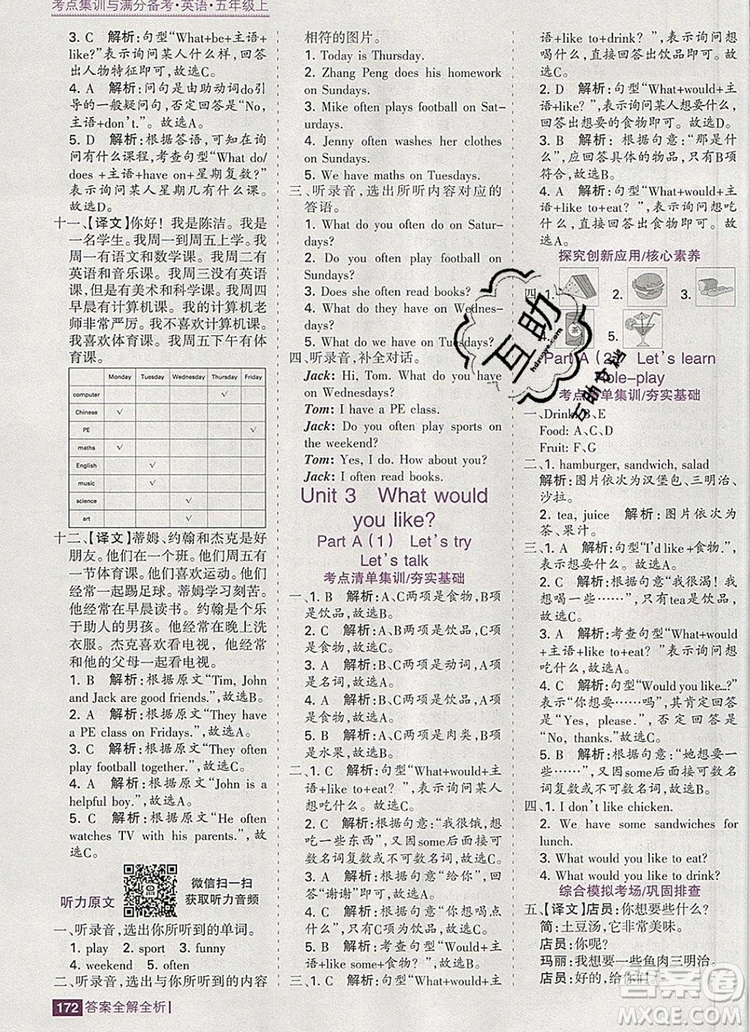 2019年考點集訓(xùn)與滿分備考五年級英語上冊人教版答案