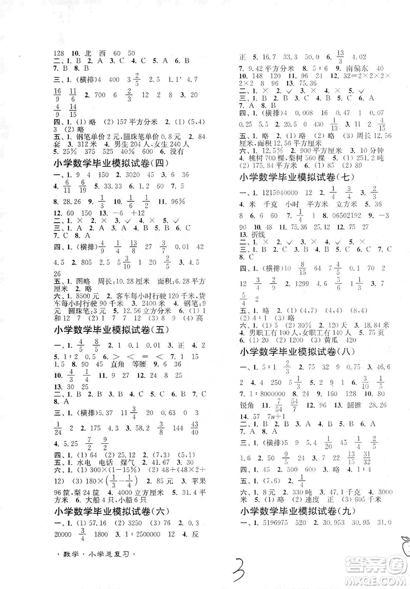東南大學(xué)出版社2019江蘇密卷數(shù)學(xué)小學(xué)總復(fù)習(xí)答案