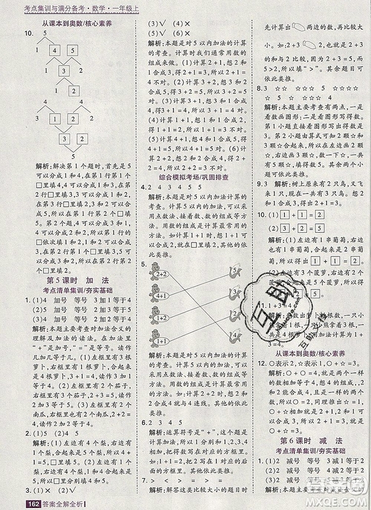 2019年考點集訓(xùn)與滿分備考一年級數(shù)學(xué)上冊人教版答案