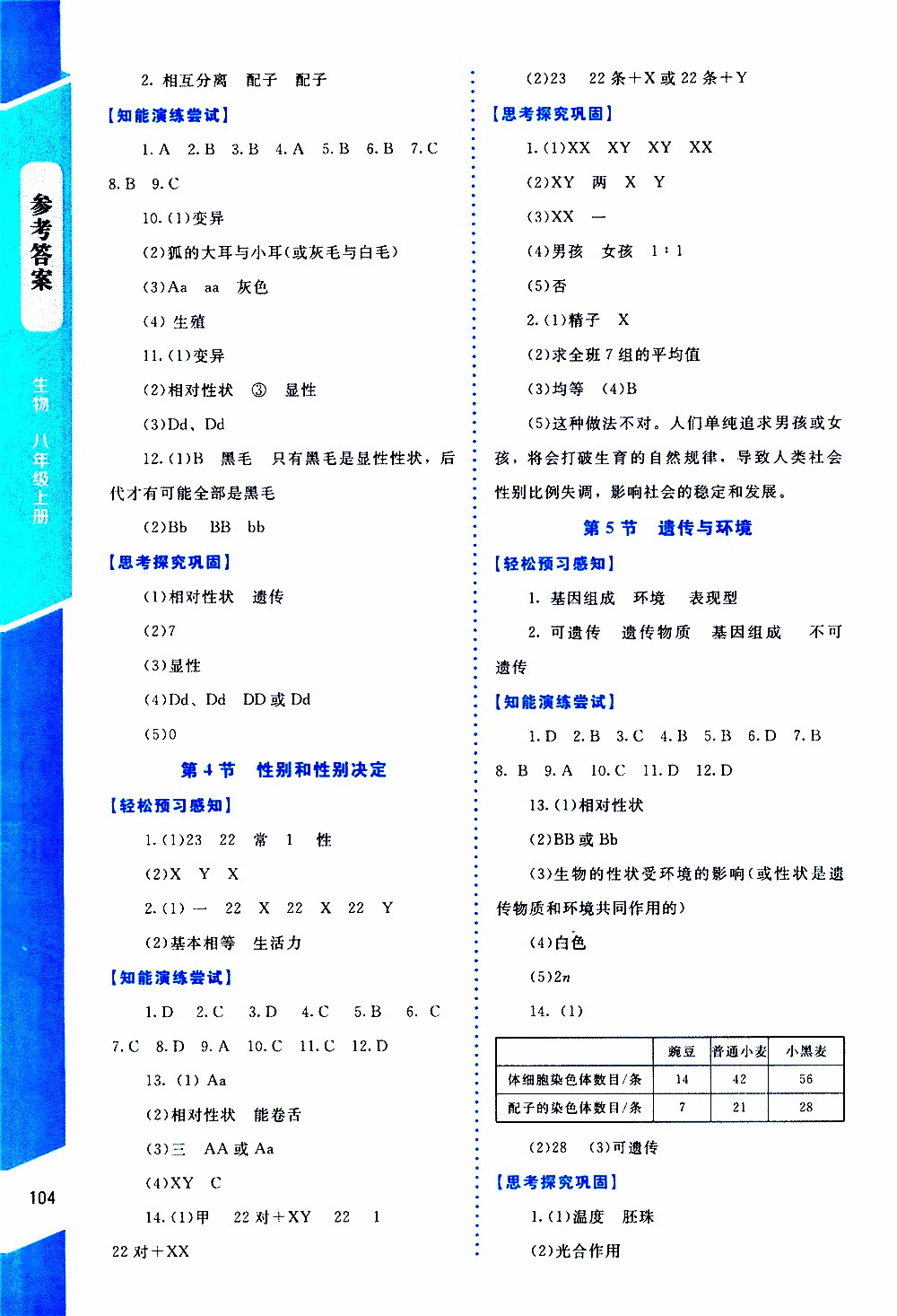 2019年課內(nèi)課外直通車生物八年級上冊北師大版參考答案