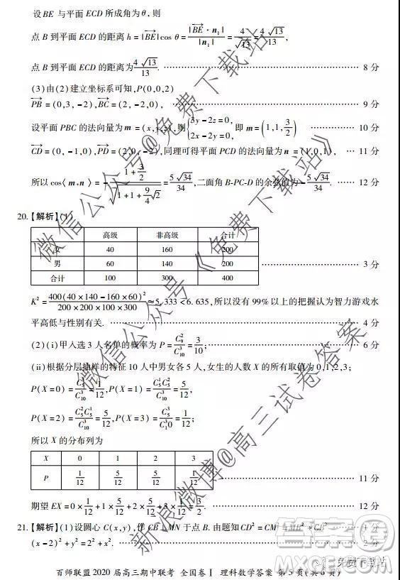 2020屆百師聯(lián)盟高三期中聯(lián)考全國卷I理科數(shù)學答案