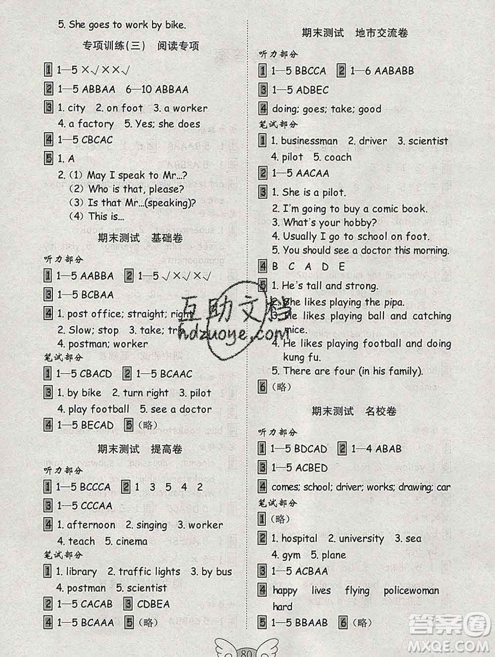 2019年金鑰匙小學英語試卷六年級上冊人教版三起答案